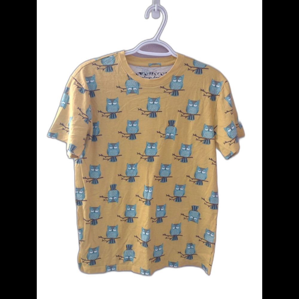 Knickerbocker Vintage Design Yellow Allover Owl Print Men's Tshirt Size Small